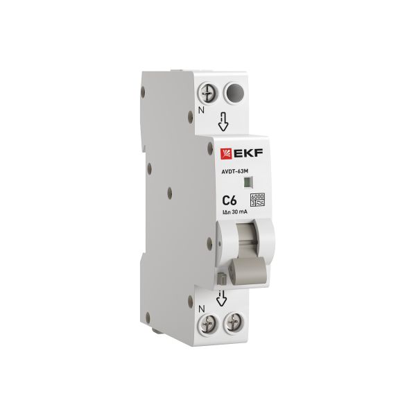 Автоматический выключатель дифференциального тока АВДТ-63М 1P+N 18мм 6А характеристика C 30мА тип A электронный 6кА PROXIMA EKF