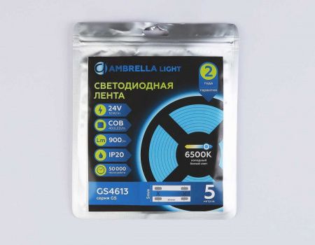 Светодиодная лента Ambrella Light GS4613 COB 400Led/10W m/ 24V IP20 6500K/ 5m*5mm*2.1mm (2 конт.) GS4613